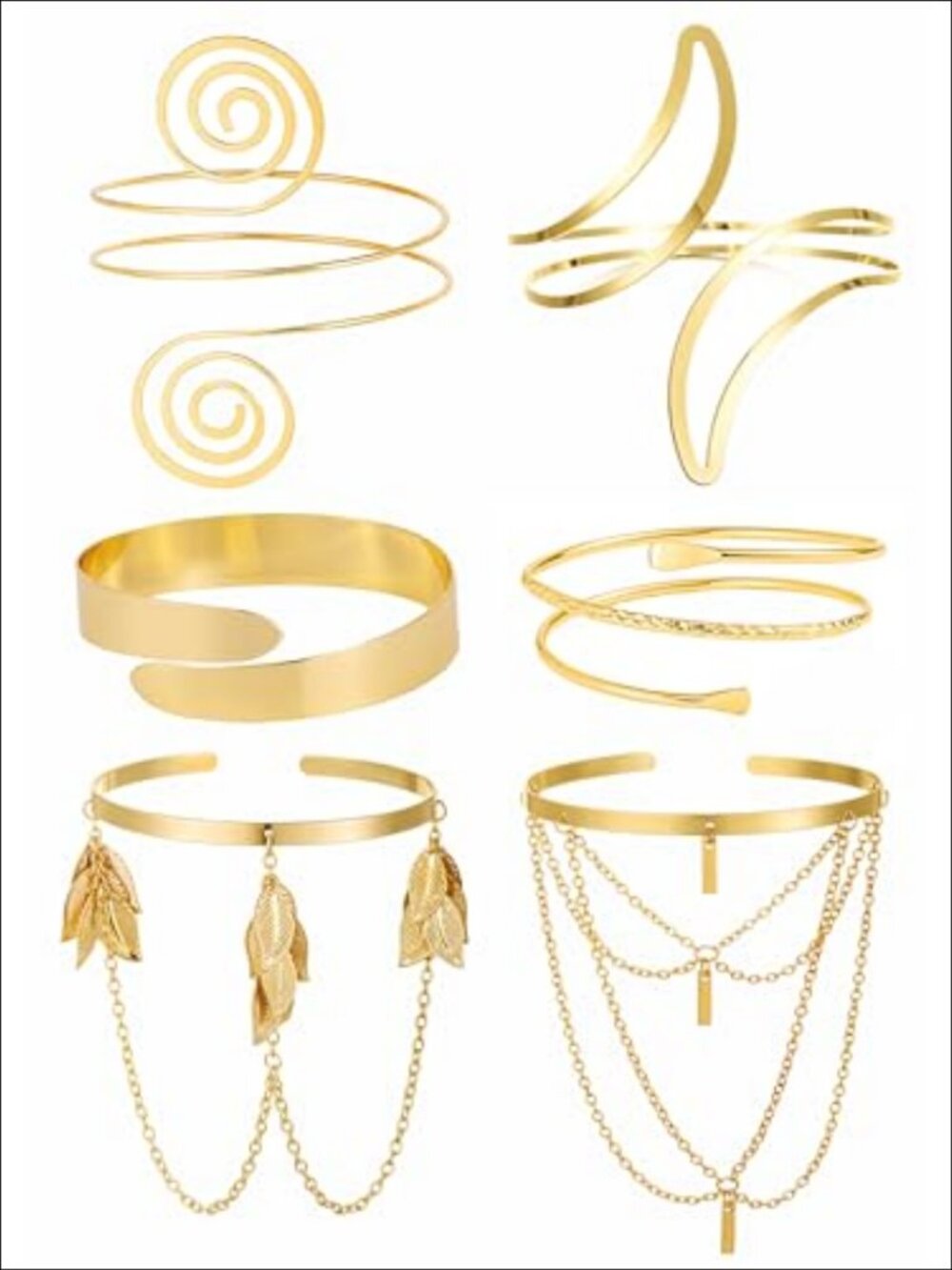 14k Gold Plated Coil Arm Cuff Set 6 Pc Adjustable Minimalist Jewelry